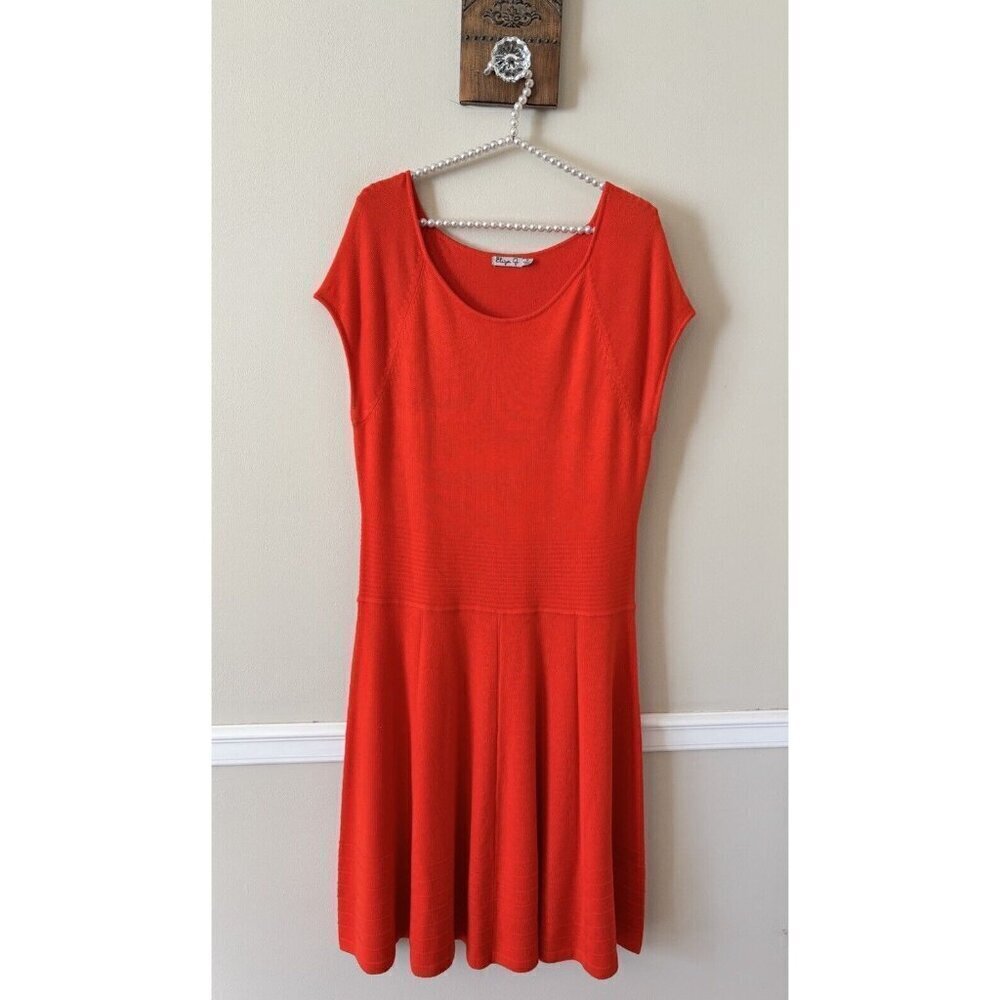 Eliza J Womens Size 14 Orange/Red Knit Midi Dress Short Sleeve Stretch
